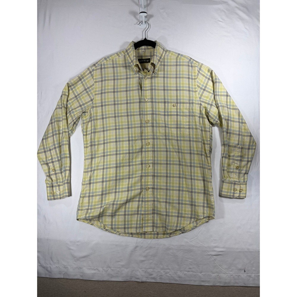 Orvis Button Down Shirt Mens Medium Yellow Plaid Excellent Long Sleeve Cotton